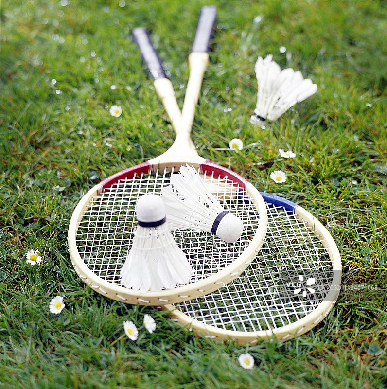 草地上的两个羽毛球拍和三个羽毛球的特写图片素材