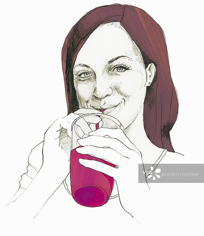 一个女人喝维他命饮料的插图图片素材