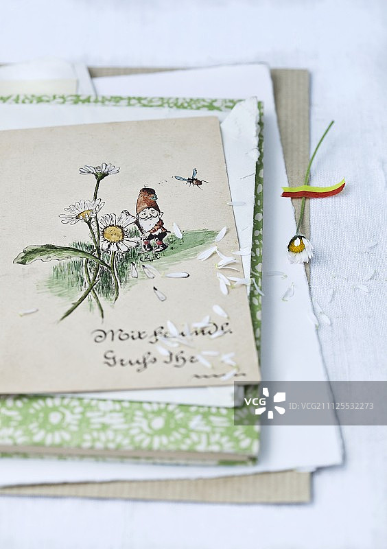 古老的明信片和雏菊花瓣图片素材