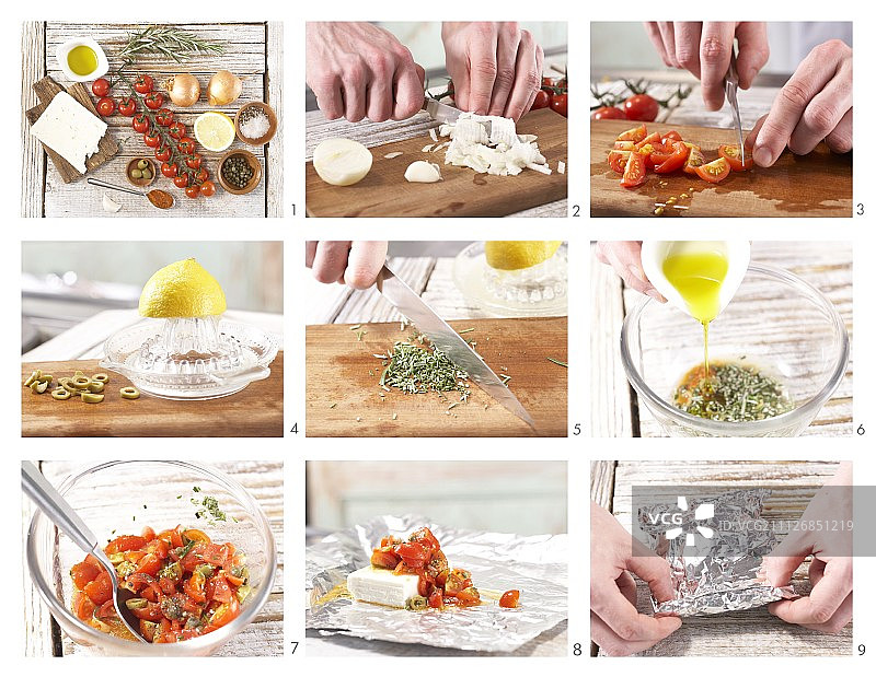 如何将番茄和橄榄放在锡箔纸中搭配羊奶酪图片素材