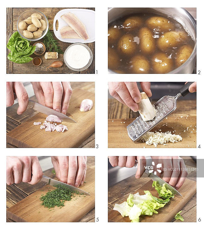 如何准备烟熏鳟鱼片配煮土豆和辣根酸乳酪图片素材