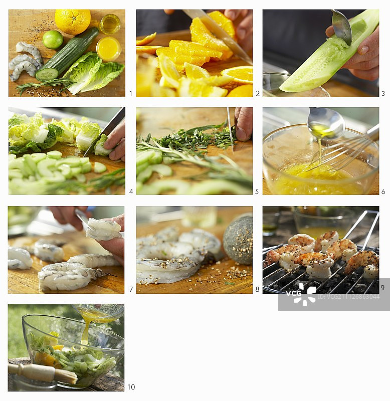 如何做一份温热的虾和黄瓜沙拉图片素材