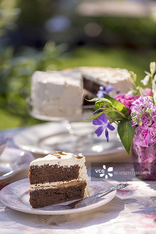 夏日的巧克力海绵蛋糕放在户外的桌子上图片素材
