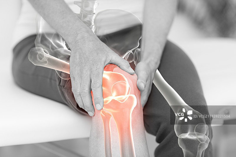 数字生成的男人抱着疼痛的膝盖的图像图片素材