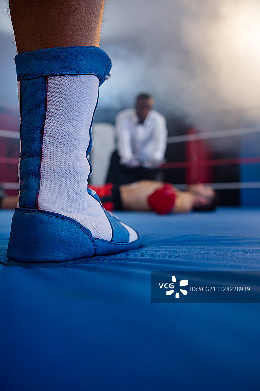 运动员躺在拳击台上，拳击手与裁判站在一起图片素材