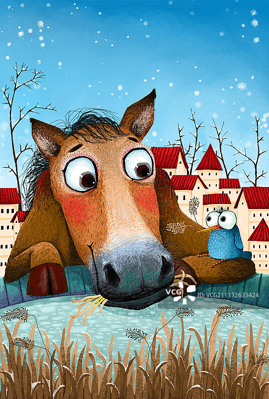 动物儿童插画系列-马与小鸟图片素材