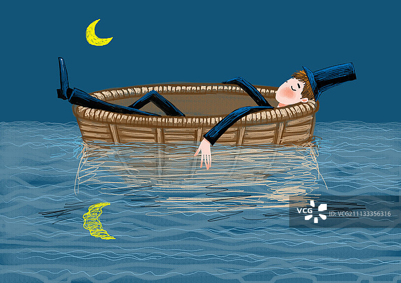 大礼帽大绅士系列插画-坐在船上睡觉图片素材