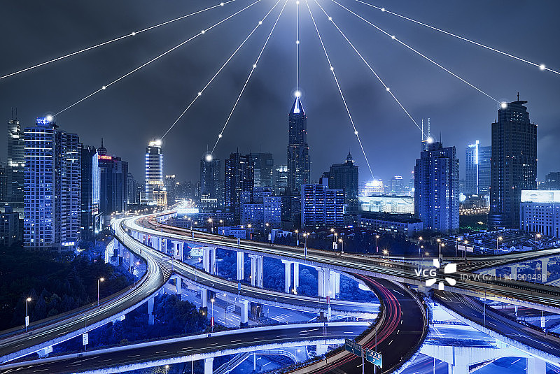 互联网概念的上海CBD立交桥繁华夜景图片素材