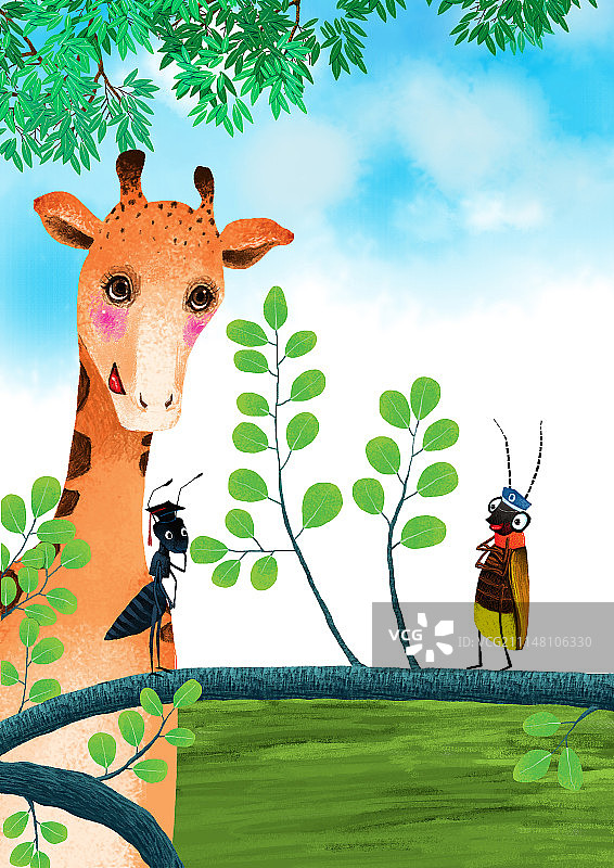动物插画系列作品共3000幅-长颈鹿和蚂蚁博士图片素材