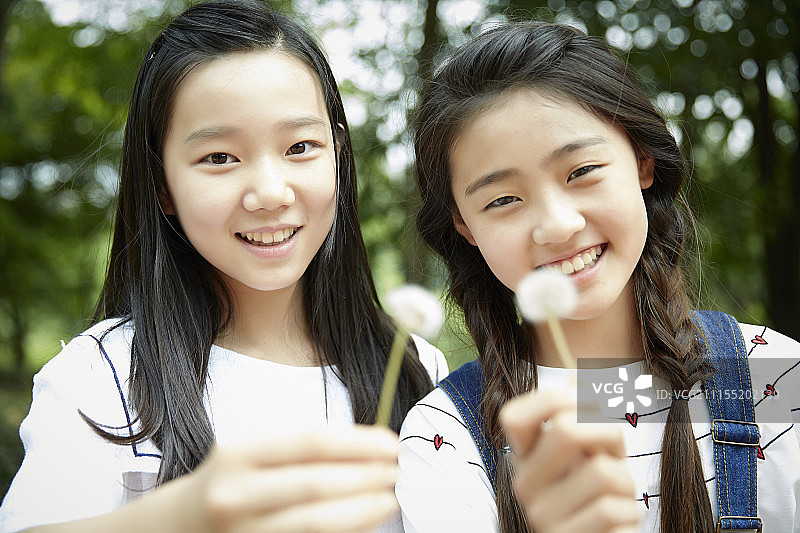 两个十几岁的女孩在公园里吹蒲公英图片素材