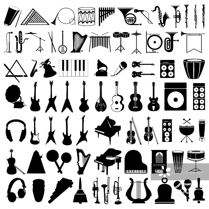 音乐instruments2。乐器剪影的收藏。一个矢量插图图片素材