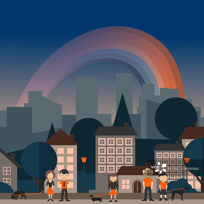 城市和彩虹。矢量图图片素材