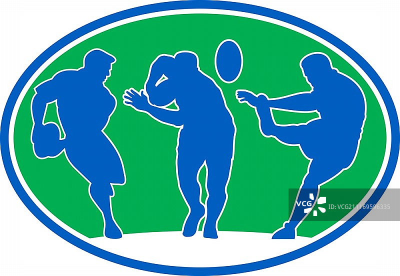 在一个椭圆形或椭圆内的橄榄球运动员跑、传球、防守和踢球的剪影的插图。橄榄球运动员跑挡传球图片素材