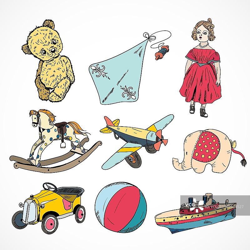 装饰儿童玩具素描图标蒸汽船风筝摇摆马球孤立矢量插图图片素材