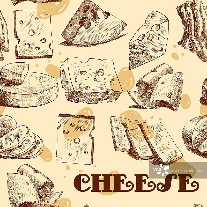 切达干酪切片块和块分类草图无缝壁纸矢量插图图片素材