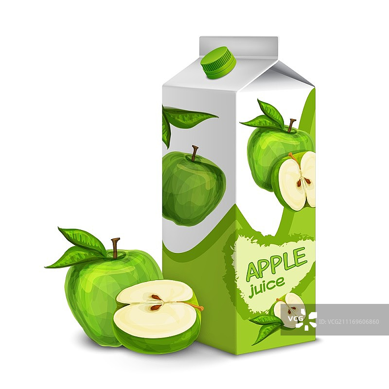 果汁纸盒包装三维整体和切割苹果孤立的矢量插图图片素材