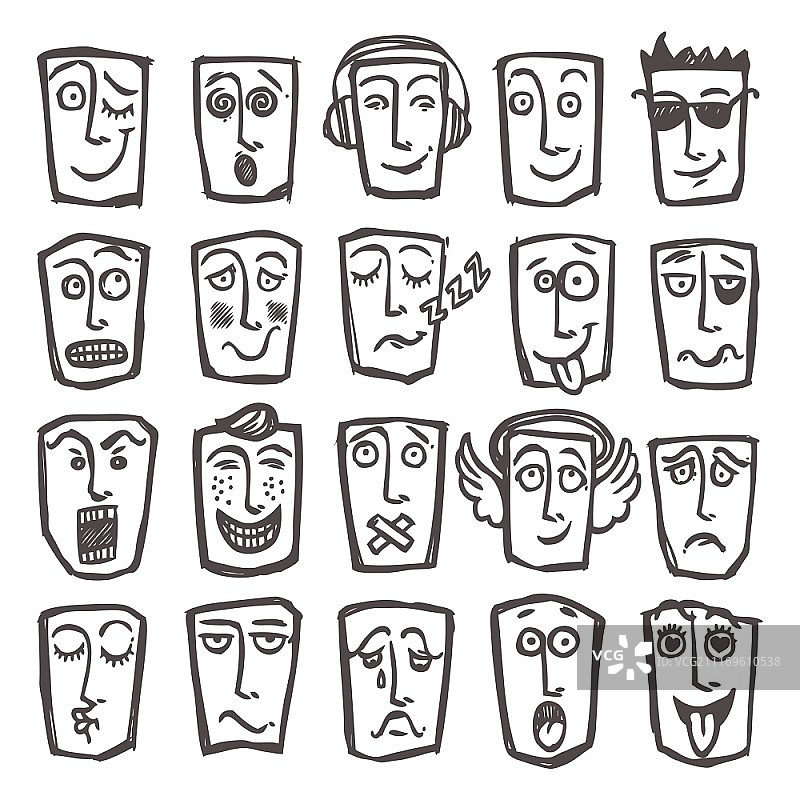 素描表情人头面部表情图标集孤立矢量插图图片素材