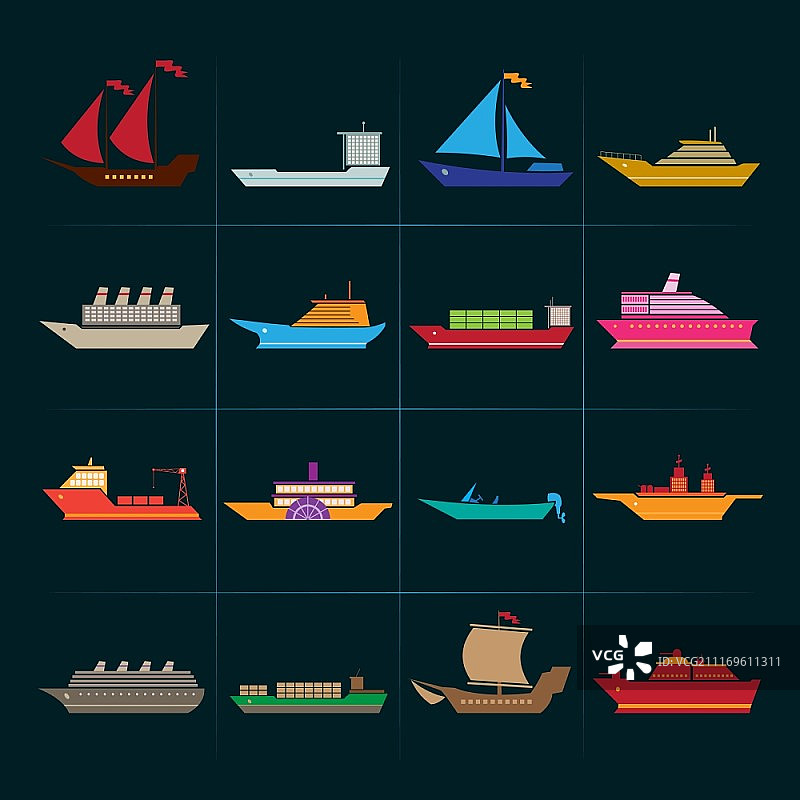 船帆船和游船图标设置孤立矢量插图图片素材