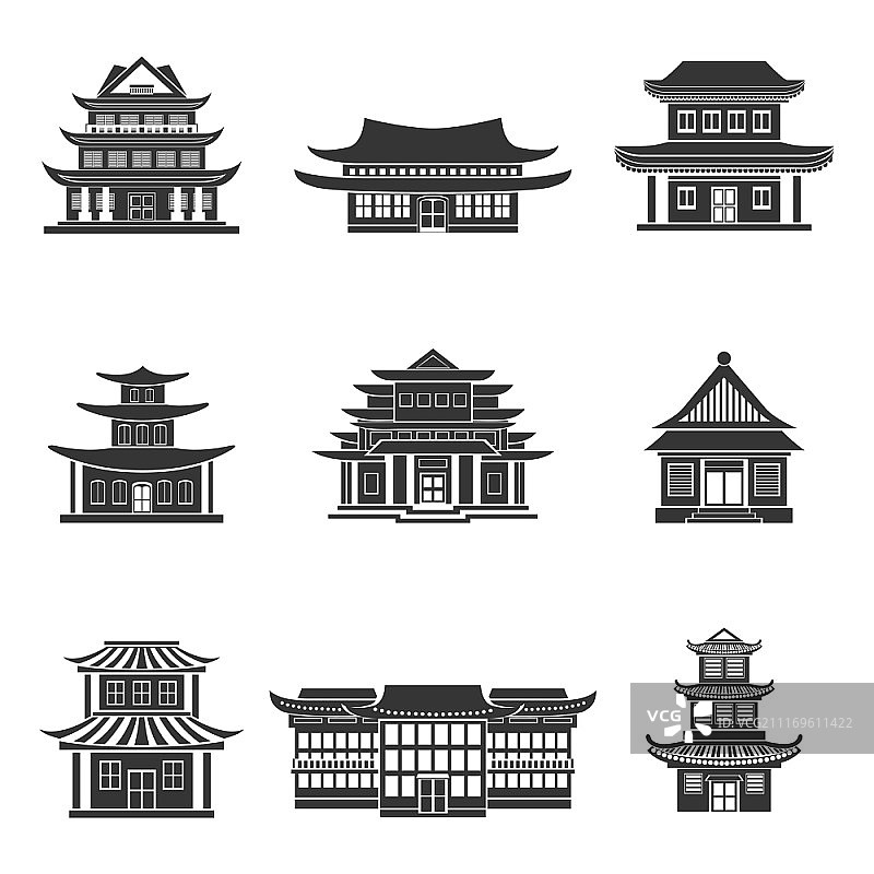 中国房屋，古庙，传统东方建筑，黑色图标设置孤立矢量插图图片素材