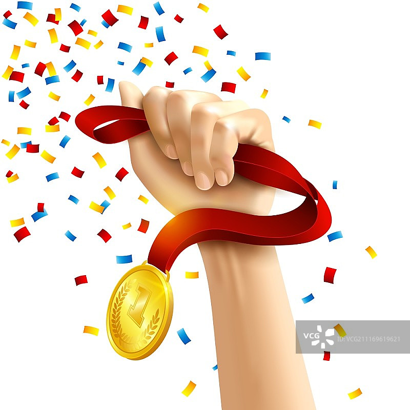 手握一个获奖者奖牌在多色五彩纸屑概念矢量插图。手握奖牌奖励获奖者图片素材