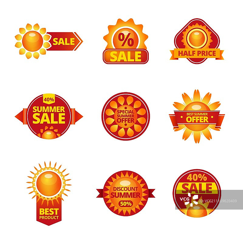 夏季销售与特别优惠红黄太阳设计标签设置平面孤立矢量插图。夏季销售标签套装图片素材