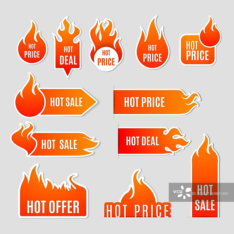 Fire Sale Flat Icon Set。火和火焰销售清除和热门交易文本标签平面图标设置孤立矢量插图图片素材