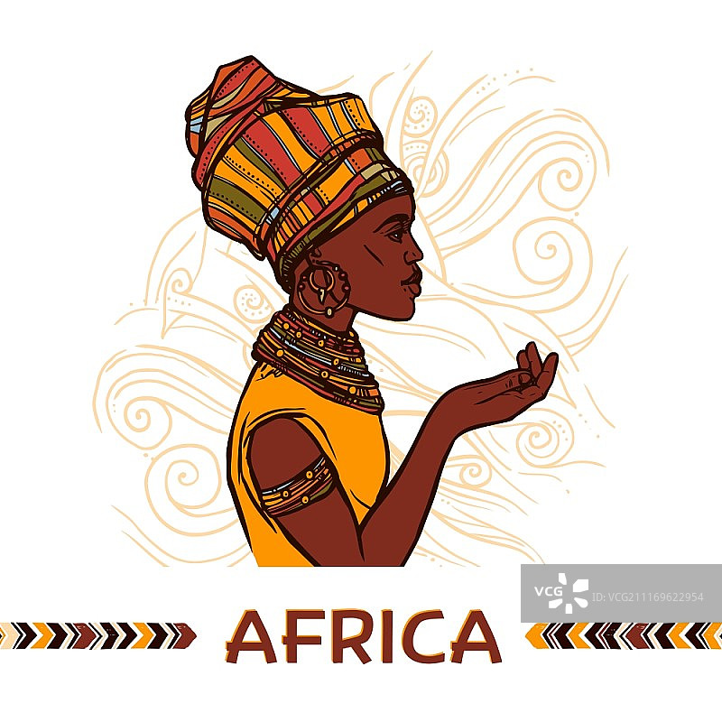 非洲妇女素描侧面肖像的抽象观赏背景矢量插图。非洲女性肖像图片素材