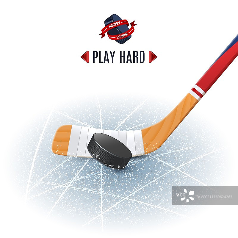 冰球运动海报与木棍和冰球现实的矢量插图。曲棍球棍和冰球图片素材