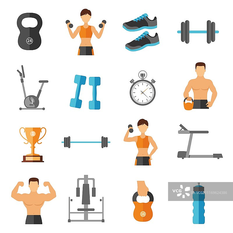 健身平面风格图标集。健身平面风格的图标设置与运动员运动员设备和齿轮孤立矢量插图图片素材