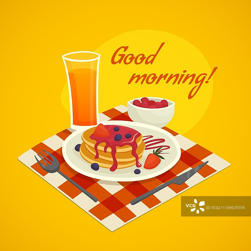 早餐设计理念与早安祝愿。早餐设计概念与玻璃杯的橙汁，盘子的煎饼和早安祝愿矢量插图图片素材