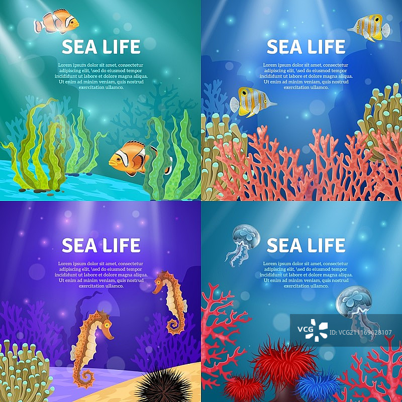 水下景观。不同颜色的水下景观和动物矢量插图的变体图片素材