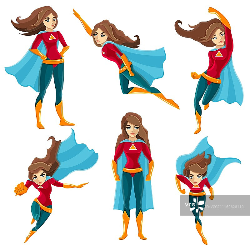 女超人动作图标集。长发女超人动作设置在卡通彩色风格与不同姿态矢量插图图片素材