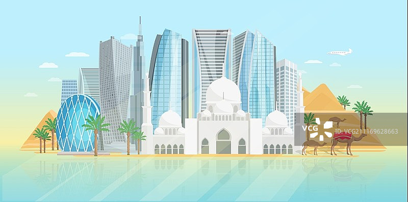 阿拉伯联合酋长国海报。阿拉伯联合酋长国的海报与清真寺和现代建筑的蓝色背景矢量插图图片素材