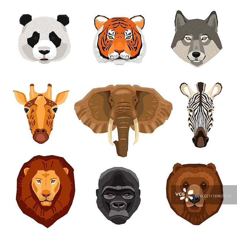 卡通动物肖像集。图片集的野生动物肖像绘制在平面风格孤立矢量插图图片素材
