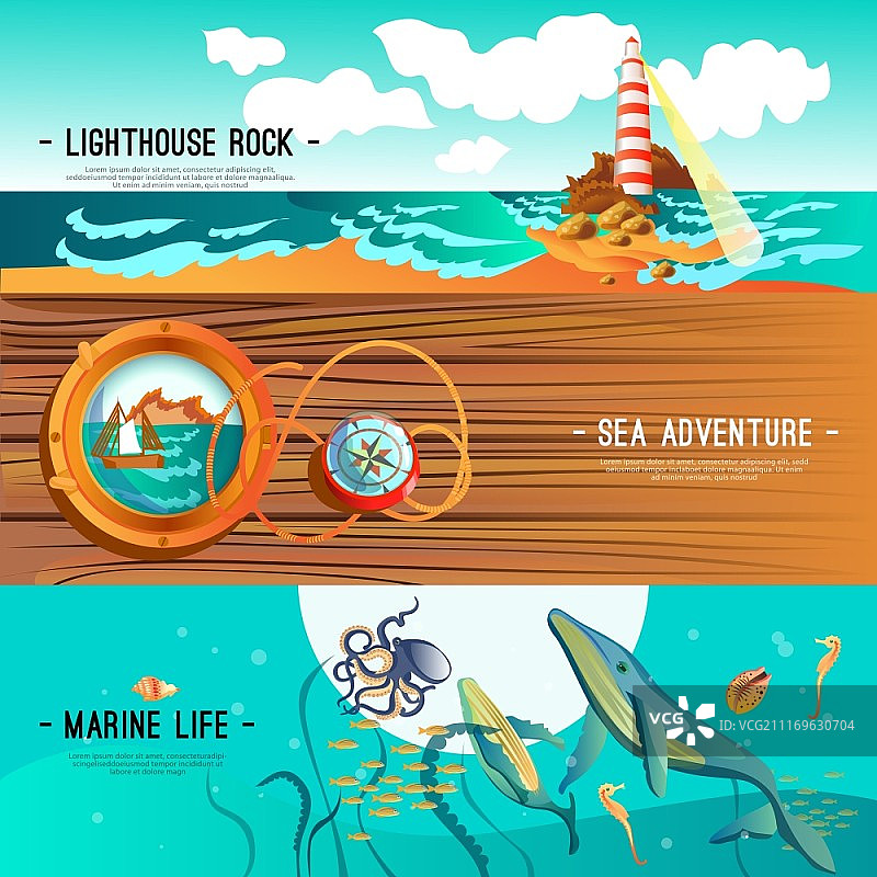 海航海横幅。水平的海上航海横幅呈现灯塔岩石海洋冒险和海洋生物平面矢量插图景观图片素材