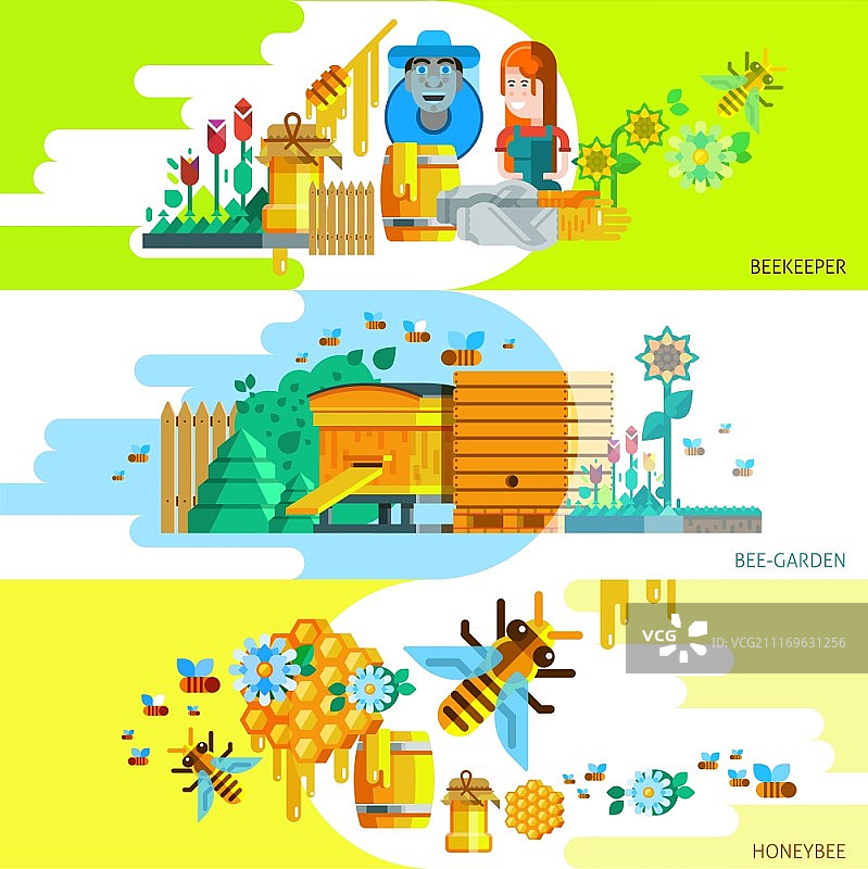 彩色养蜂横旗。彩色养蜂人水平横幅与养蜂人花园和蜂蜜元素在平面风格矢量插图图片素材