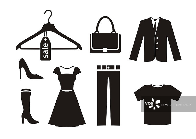 衣服图标设置在黑色的白色背景。裤子衣架，袋子，夹克，女人的鞋子，裙子，t恤的剪影图片素材