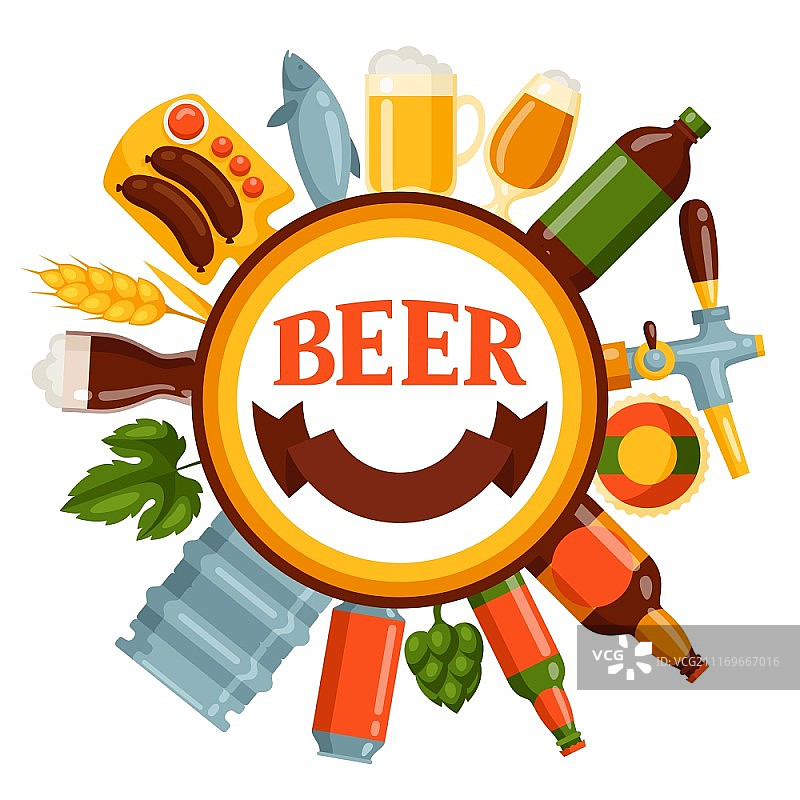 背景设计与啤酒图标和对象。背景设计与啤酒图标和对象。图片素材