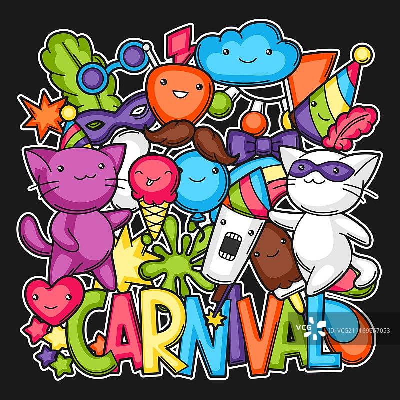 狂欢派对卡哇伊印花。可爱的猫，庆祝的装饰品，物品和符号。图片素材