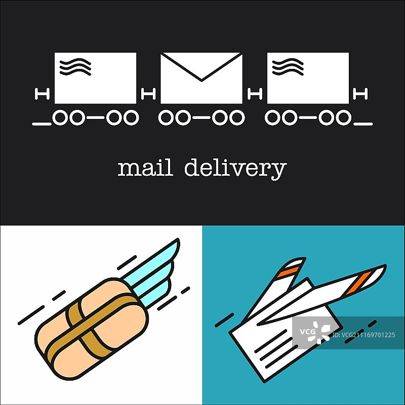 邮件。信件快速投递。一组矢量图标。信函、包裹、邮件。电子邮件。图片素材