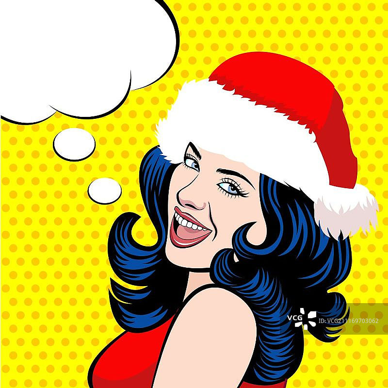美丽的女孩在圣诞帽。矢量插图的风格的漫画书。放置文本气泡说话。图片素材