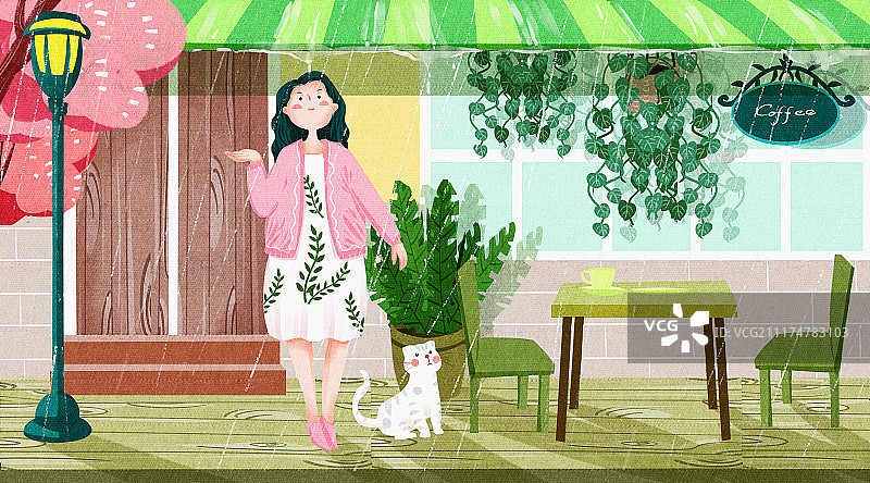 猫与女孩生活二十四节气之雨水图片素材