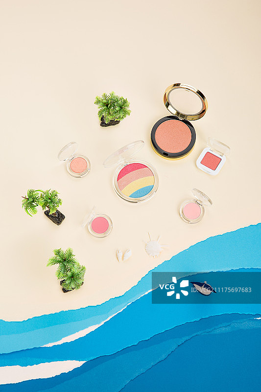 纸张，沙滩，海浪(海洋)，背景，夏天，微型(工艺)，粉饼，眼影，美容，化妆品(美容产品)图片素材