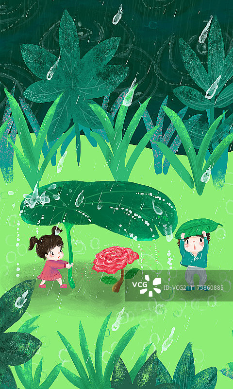 儿童插画萌娃雨中护花图片素材