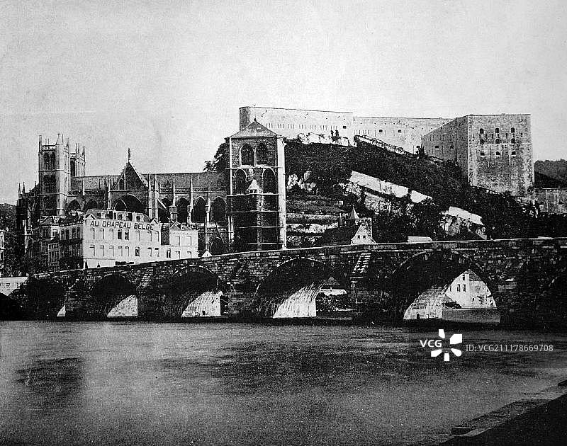 比利时瓦隆尼亚Huy城堡和教堂的早期原型，历史照片，1884年，欧洲图片素材