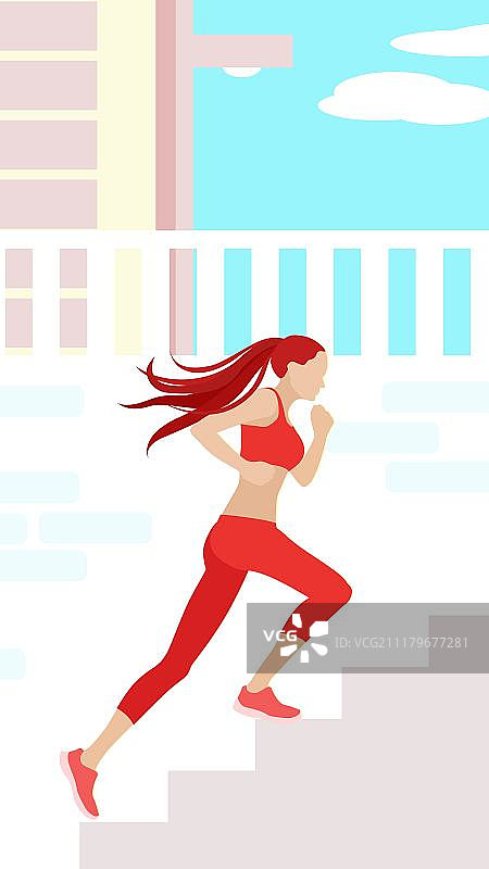 年轻女人健身跑楼梯图片素材