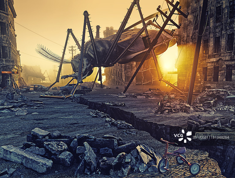 巨大的昆虫摧毁了城市。三维概念图片素材