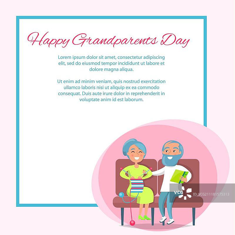 快乐爷爷奶奶日老两口坐在一起。快乐爷爷奶奶的日子海报与资深女士编织和绅士阅读在沙发上，夫妇坐在一起矢量与地方的文字在框架图片素材