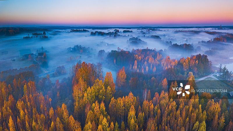 立陶宛秋季雾的航空全景图图片素材
