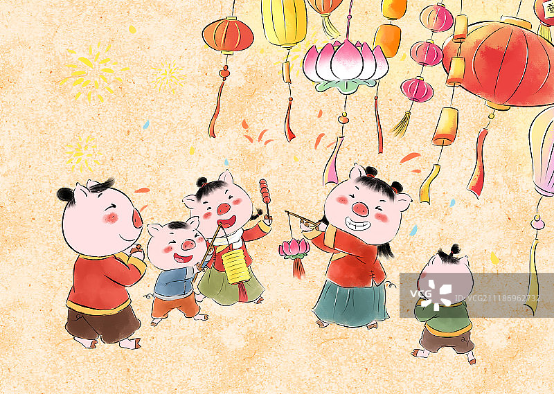 猪年春节年俗系列正月十五元宵节看花灯图片素材